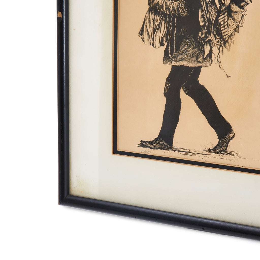 Vintage Framed Sketch of a Man Walking