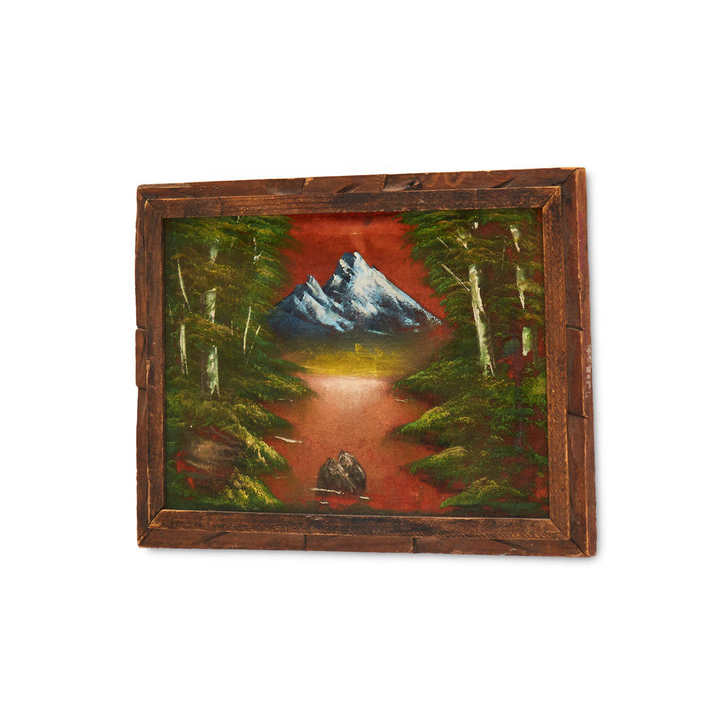Painting of Snowy Mountain with Red Background