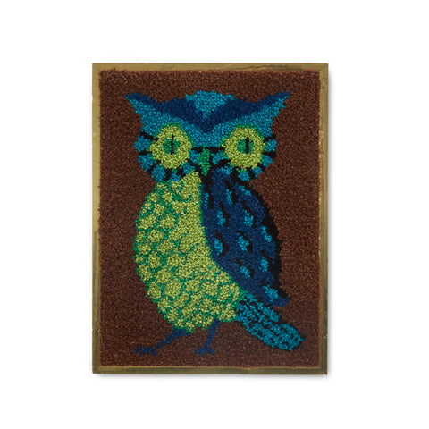 Blue & Brown Needlepoint Shag Owl Artwork