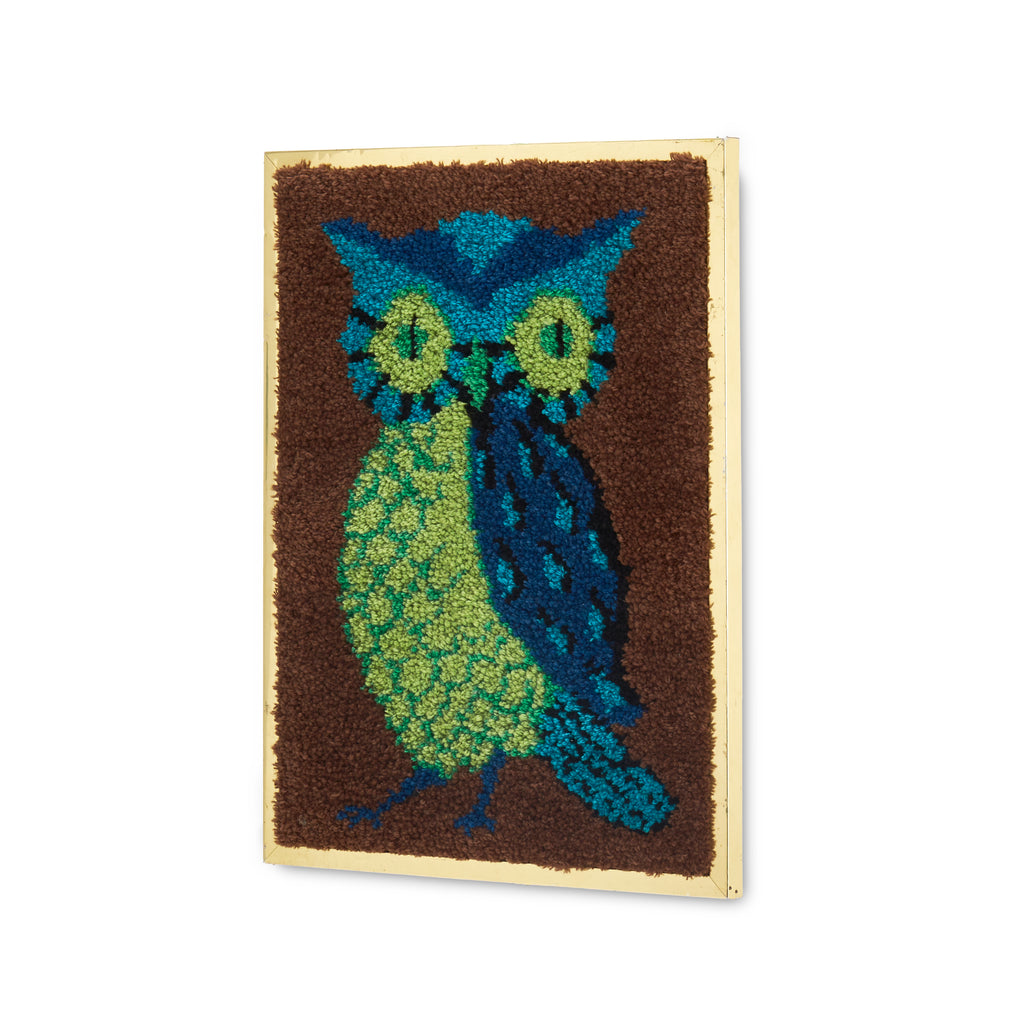 Blue & Brown Needlepoint Shag Owl Artwork