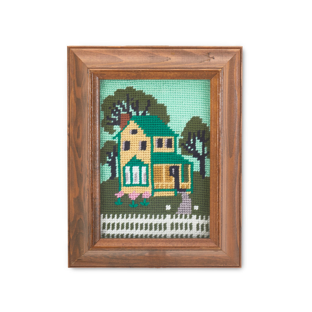 Green House Wood Framed Needlepoint Artwork