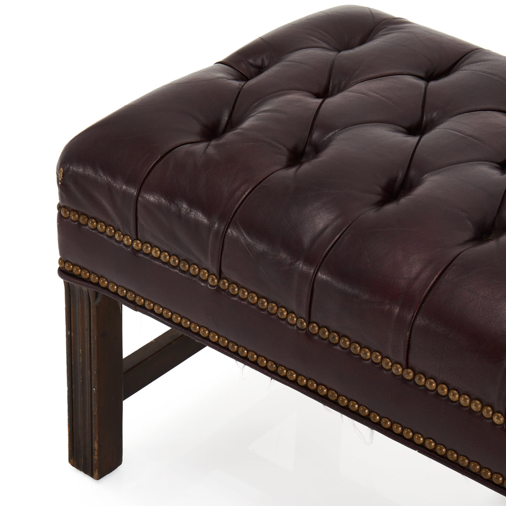 Burgundy Aged Leather and Wood Ottoman