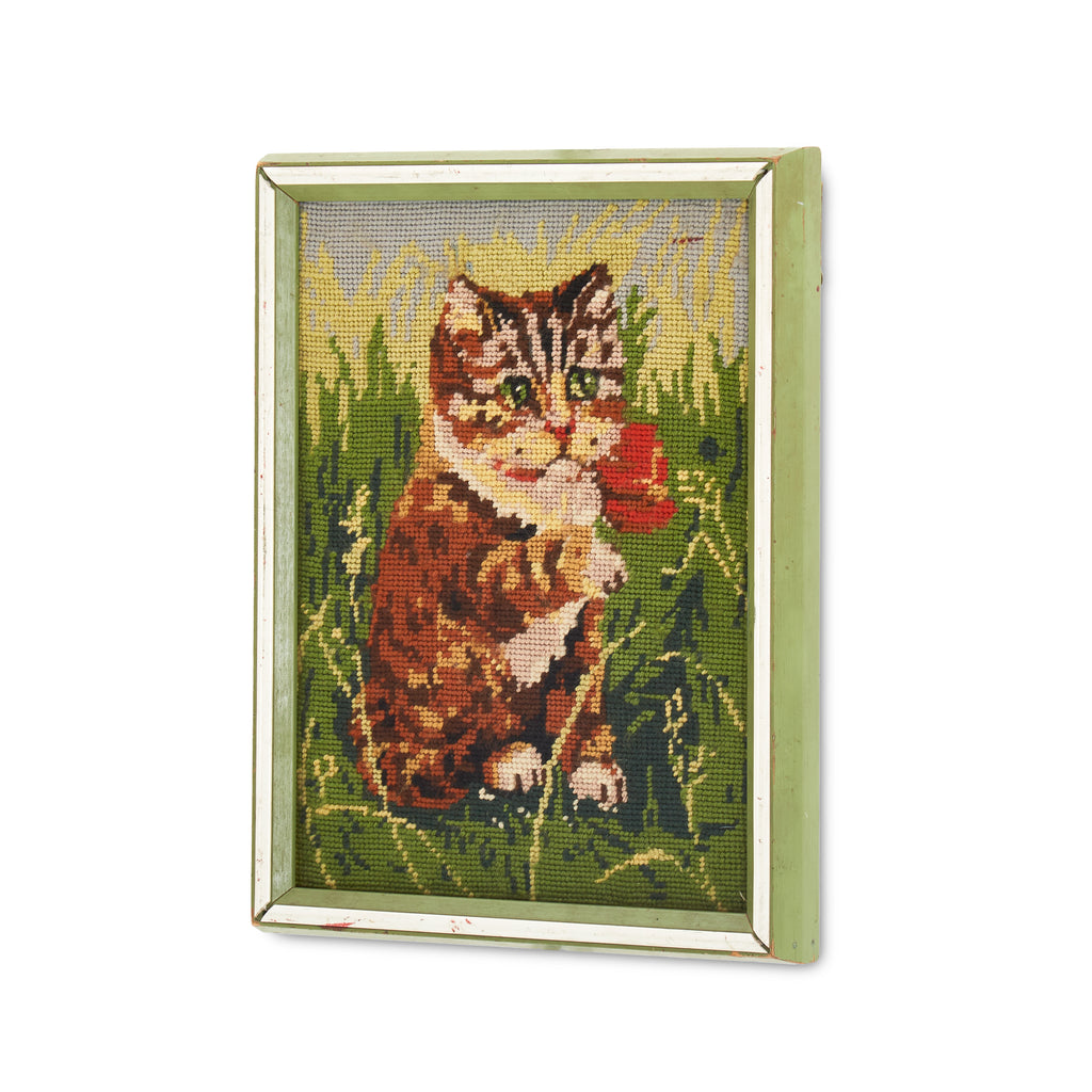 Vintage Needlepoint Cat Artwork in Green Frame