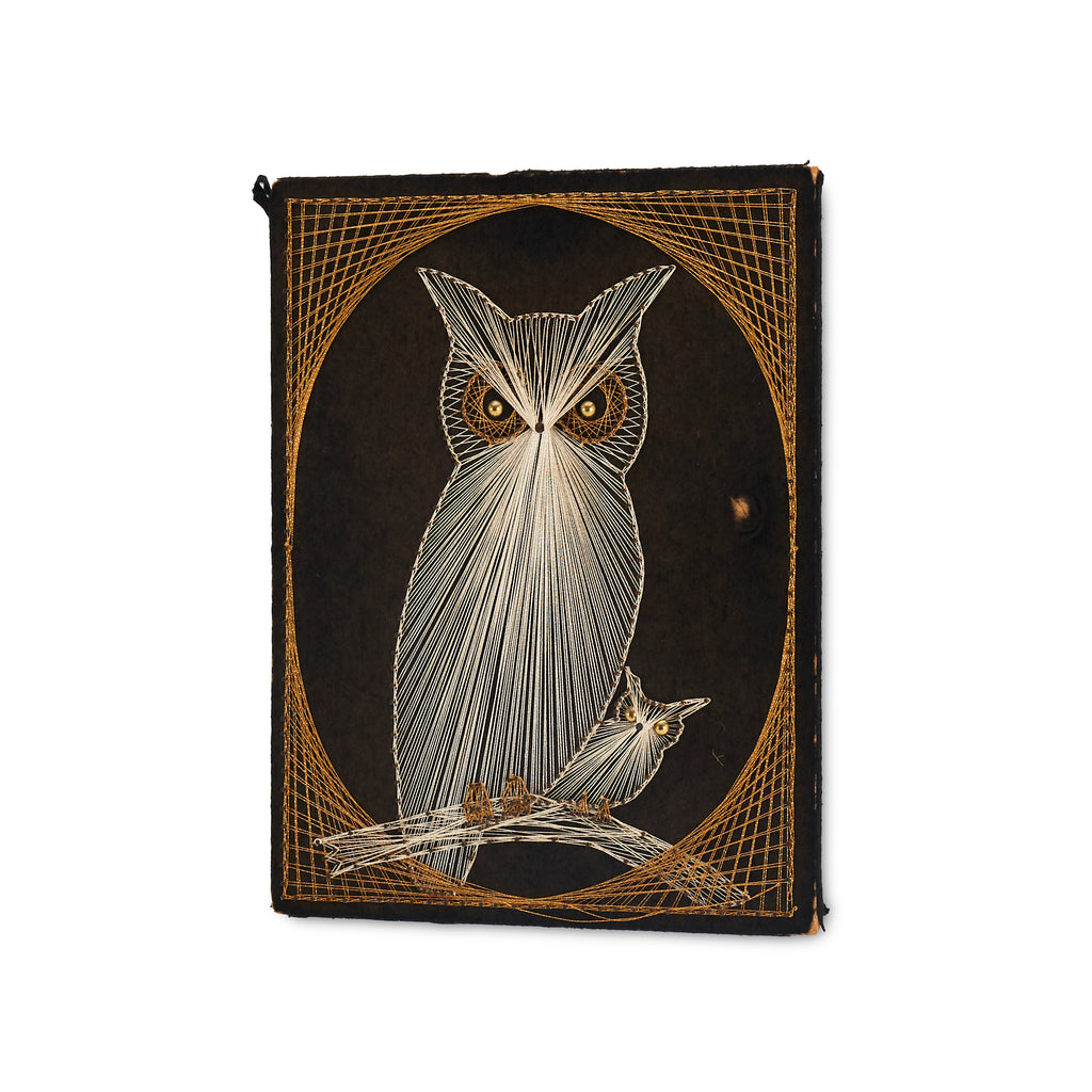 White and Brown String Owl Art on Black Fabric