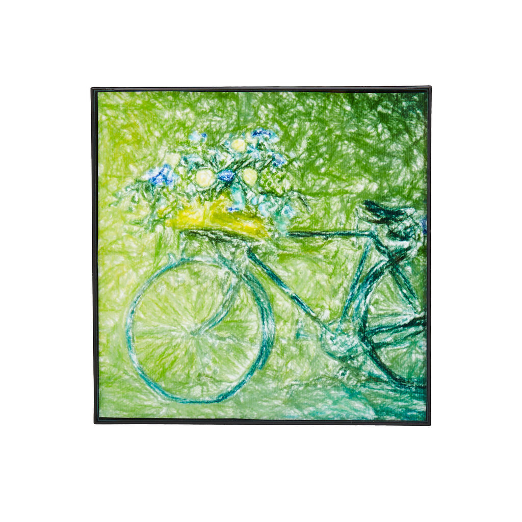 Green Bicycle With Flowers Framed Pastel Drawing