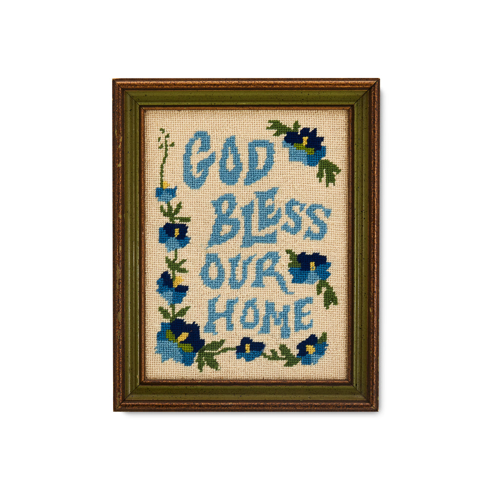 Blue Needlepoint 'God Bless Our Home' Artwork