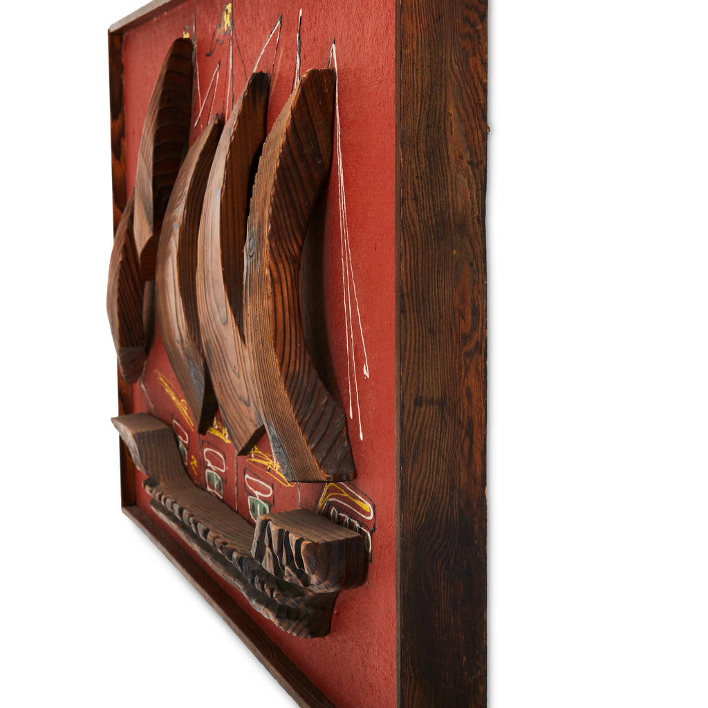 Red and Wood Three Dimensional Ship Wall Art