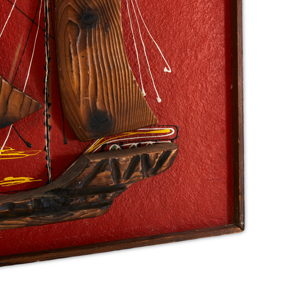 Red and Wood Three Dimensional Ship Wall Art