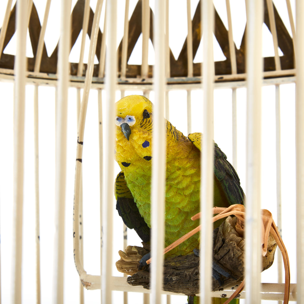 Brass And White Wire Birdcage With Bird