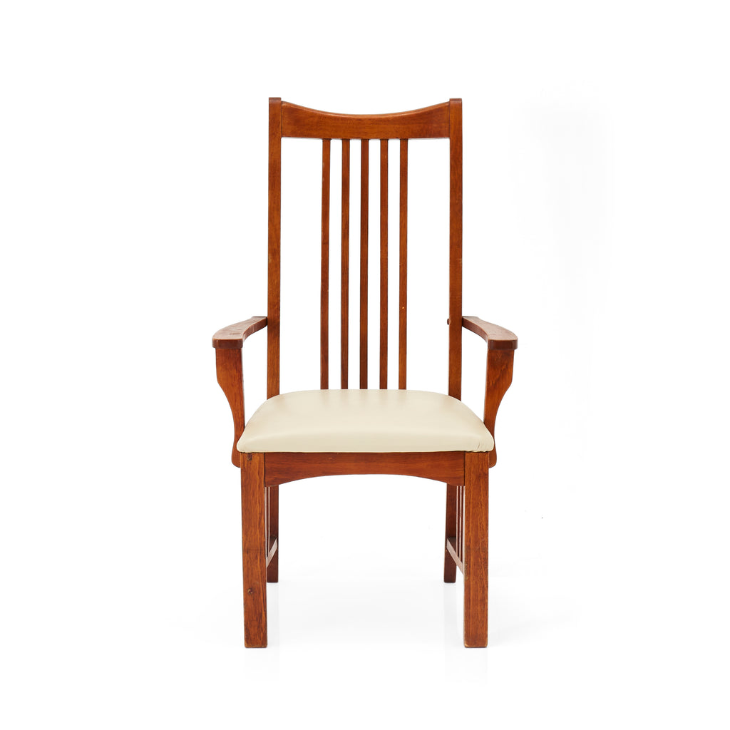 White Leather and Wood Slatted Back Dining Chair