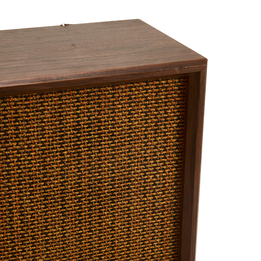 Brown Wooden Stereo Speakers with Woven Fabric Speaker Cover