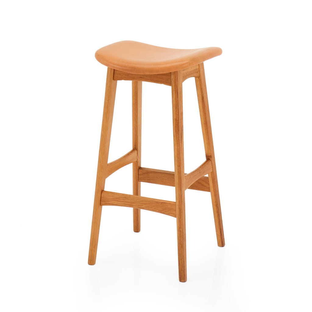 Light Wood Bar Stool with Camel Leather Seat