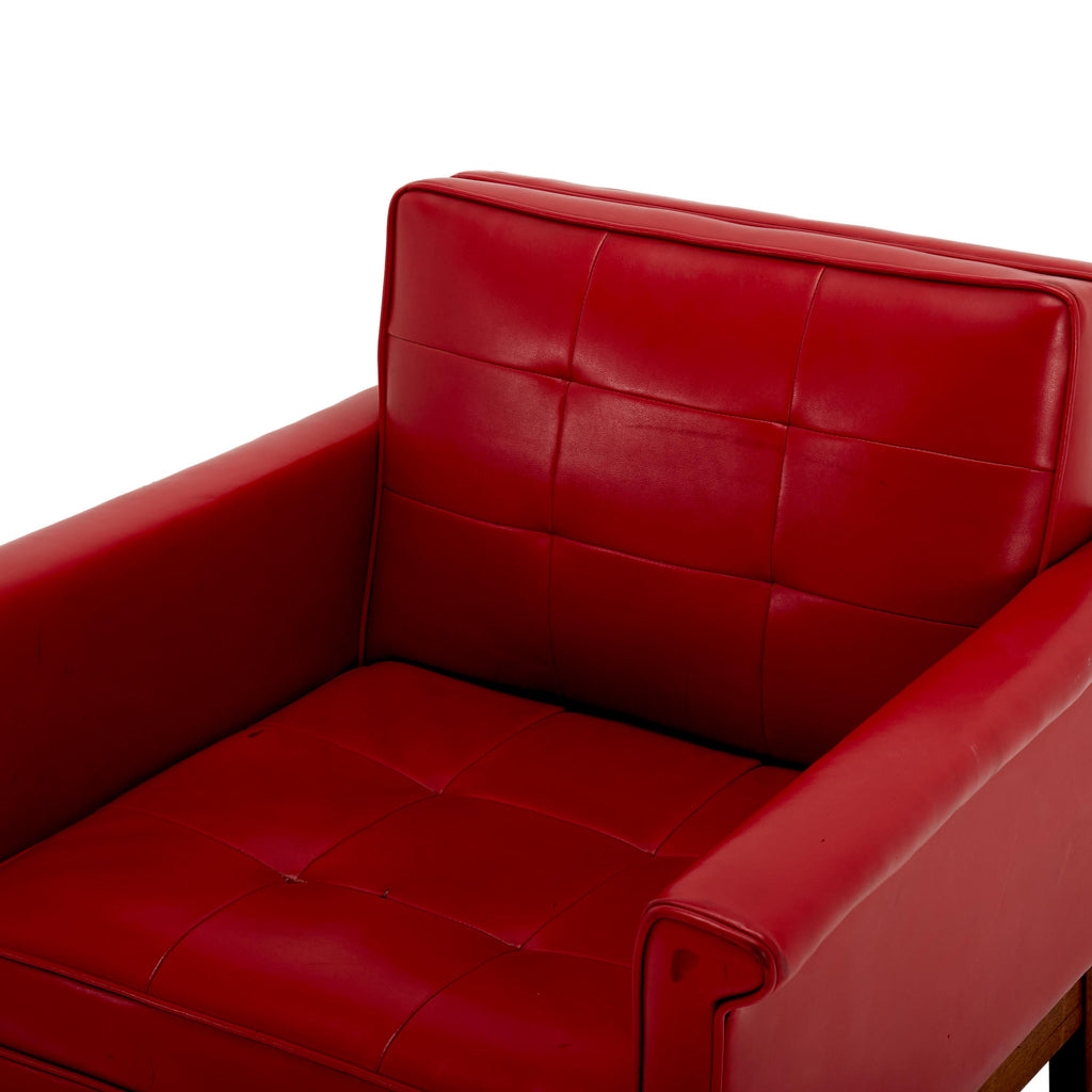 Red Leather Floating Club Chair with Wood Base