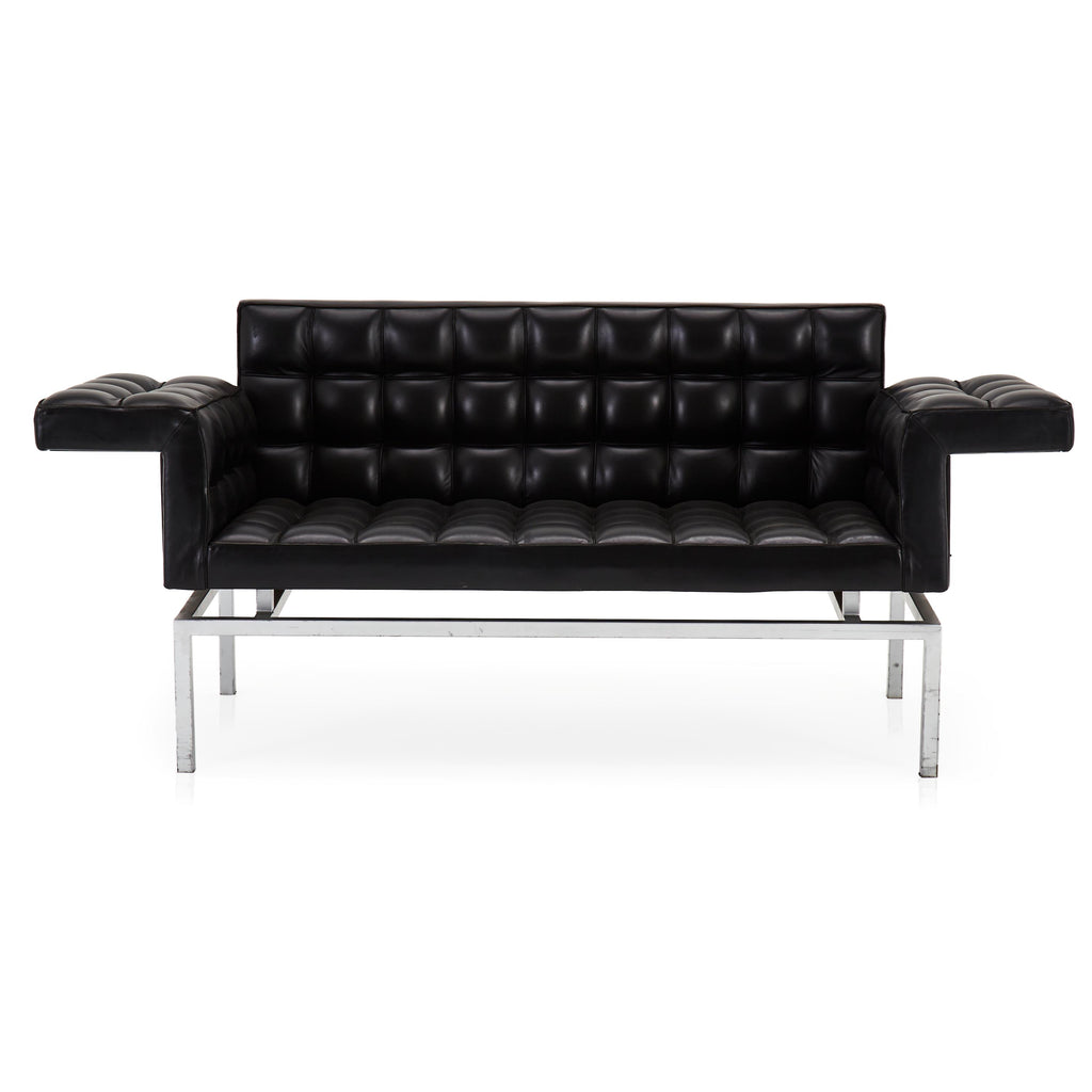 Black Square Tufted Leather Wing Arm Sofa