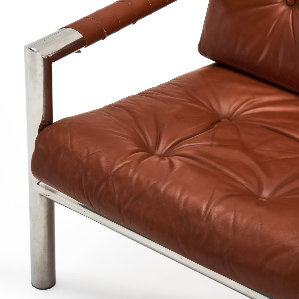 Brown Leather & Chrome Tube Frame Modern Armchair