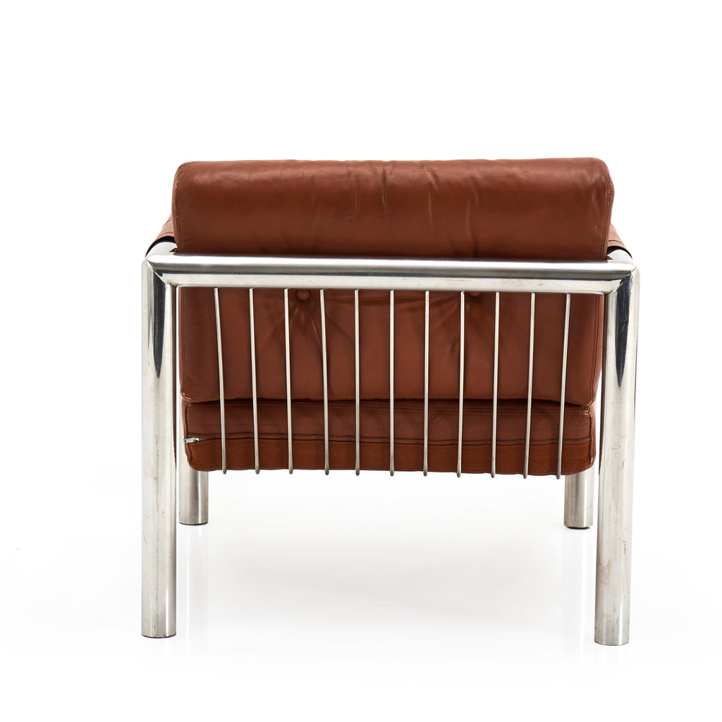 Brown Leather & Chrome Tube Frame Modern Armchair