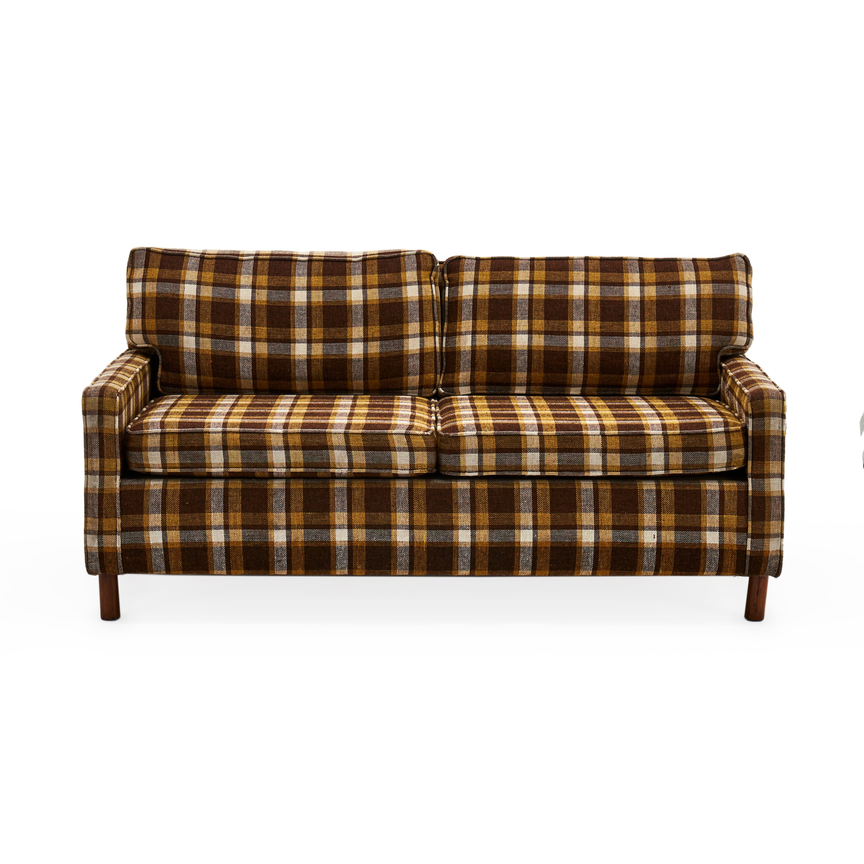 Brown, Yellow and White Plaid Loveseat Sofa