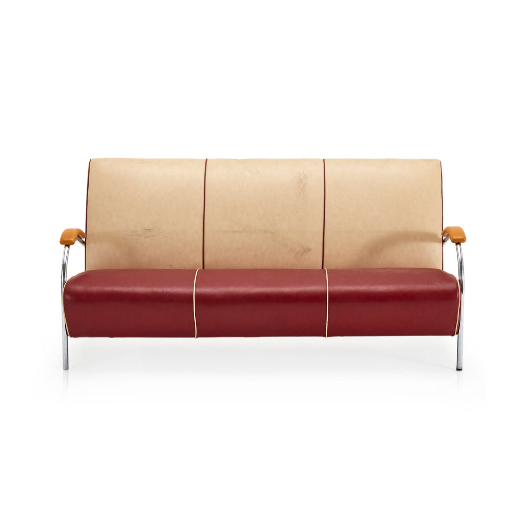 Cream and Red Vinyl Deco Sofa w Wood Arm Rests