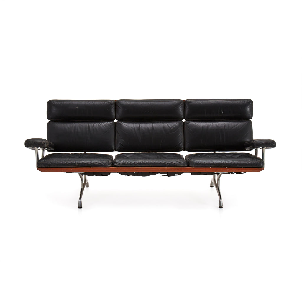 Black Leather and Wood Designer 60s Sofa