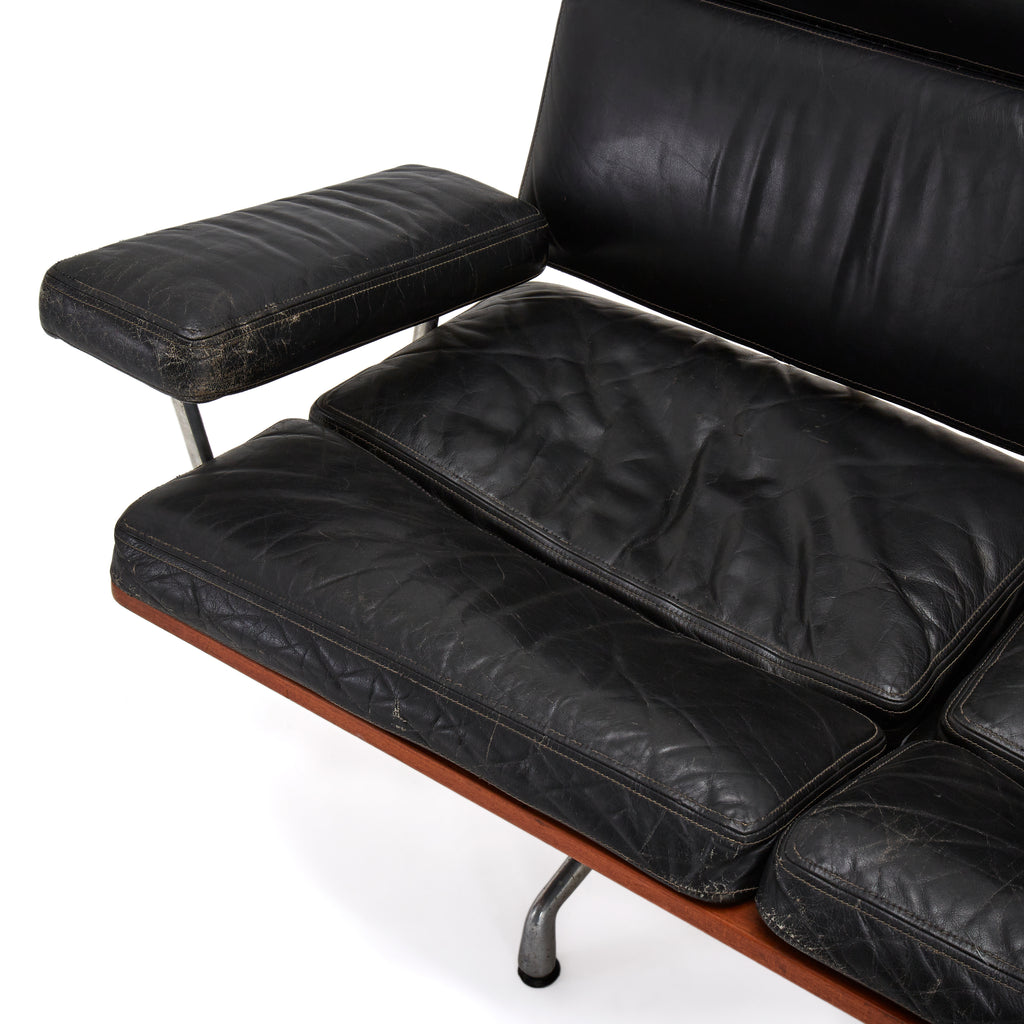 Black Leather and Wood Designer 60s Sofa