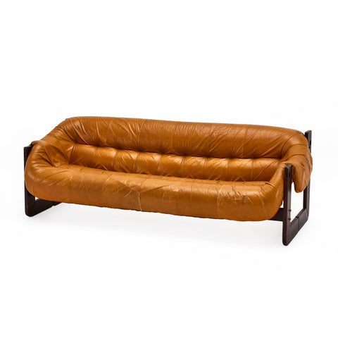 Camel Leather Brazilian Wood Frame Sofa