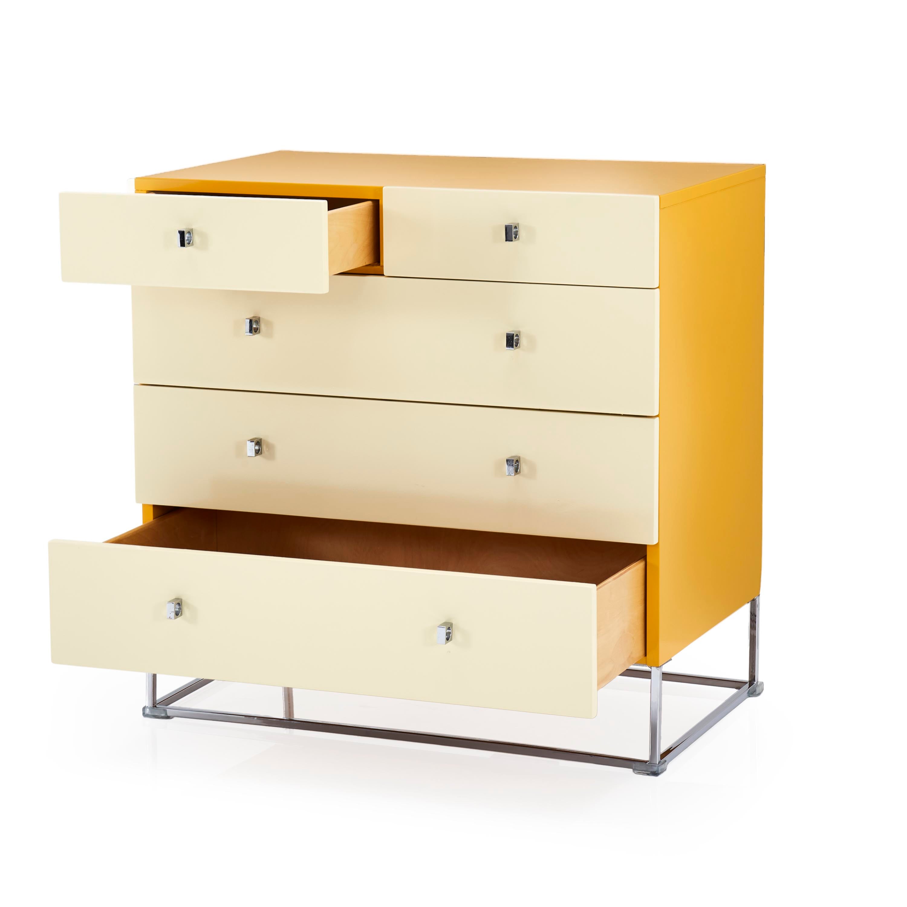 Cream & Yellow Five Drawer Dresser with Chrome Base - Gil & Roy Props Cream & Yellow Five Drawer Dresser with Chrome Base - Gil & Roy Props