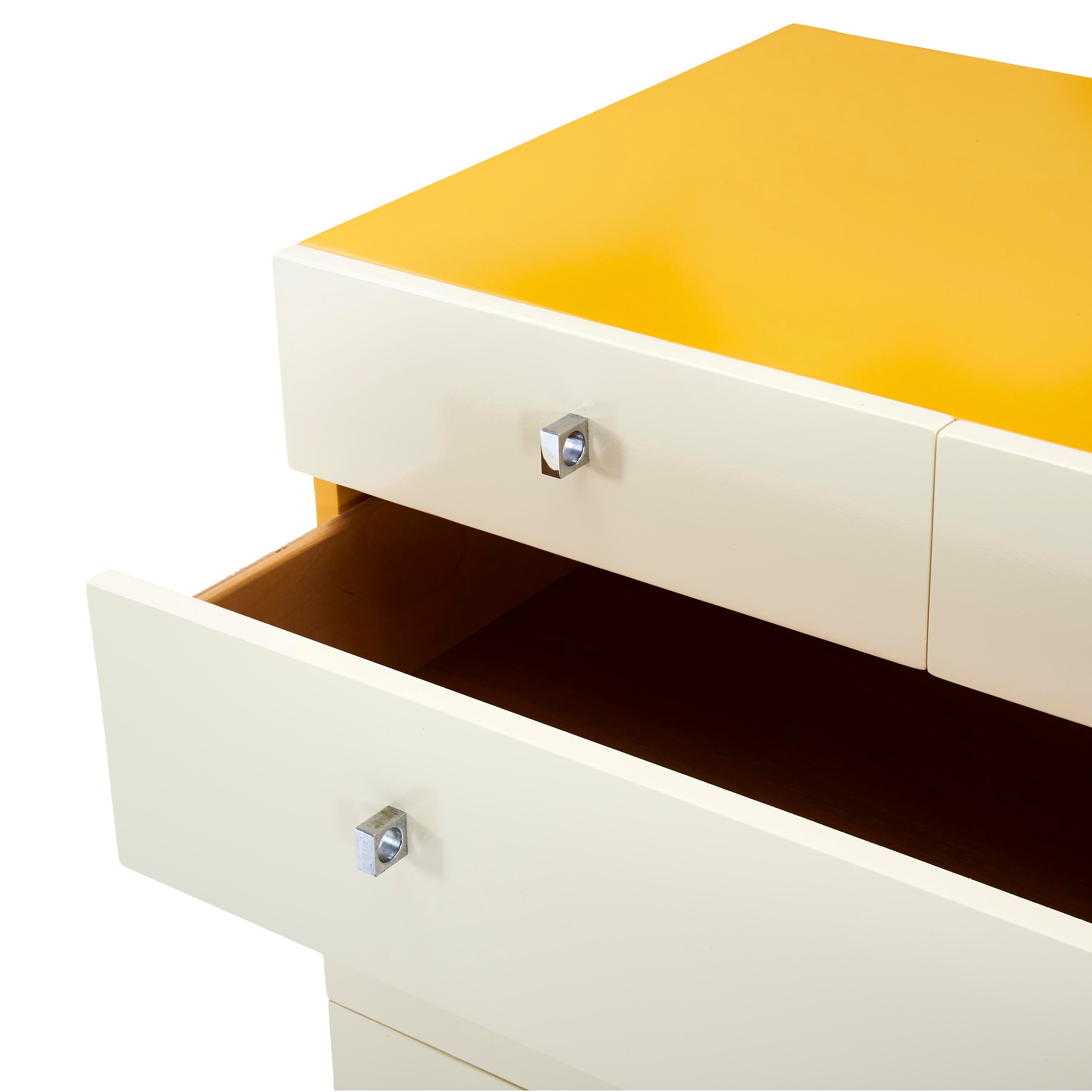 Cream & Yellow Five Drawer Dresser with Chrome Base - Gil & Roy Props Cream & Yellow Five Drawer Dresser with Chrome Base - Gil & Roy Props