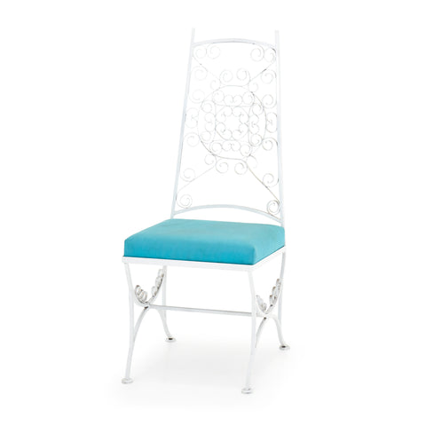 White Wire Dining Chair With Blue Cushion