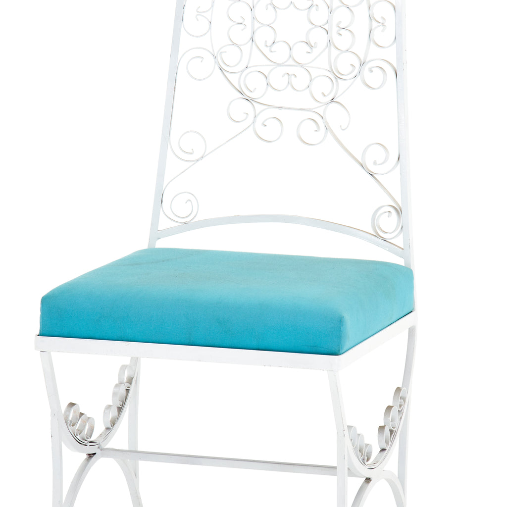 White Wire Dining Chair With Blue Cushion