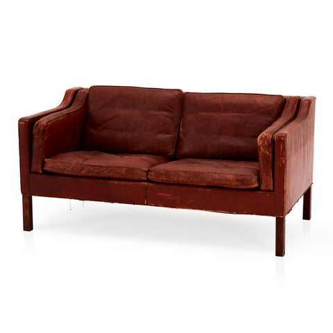 Distressed Russet Brown Leather Loveseat