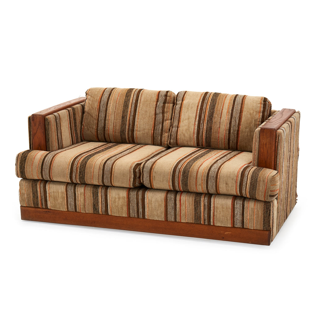 Striped Brown and Tan Loveseat w Wood Arms