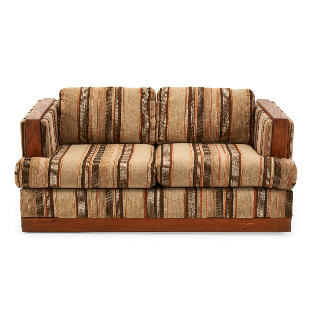 Striped Brown and Tan Loveseat w Wood Arms