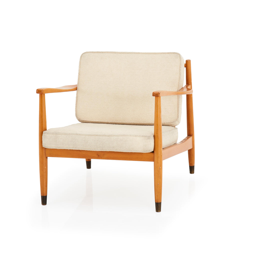 Mid-Century Cream Fabric and Wood Lounge Chair