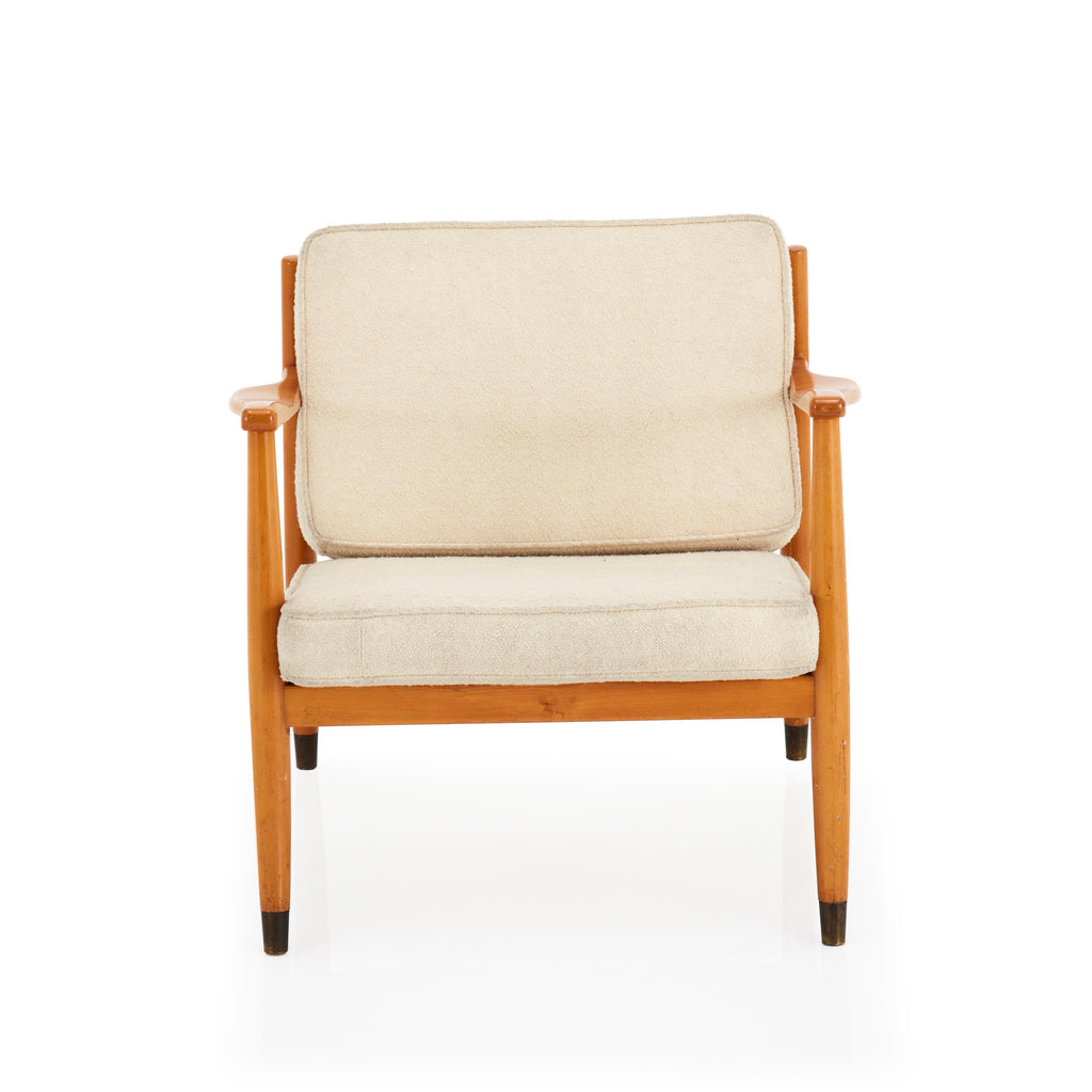 Mid-Century Cream Fabric and Wood Lounge Chair