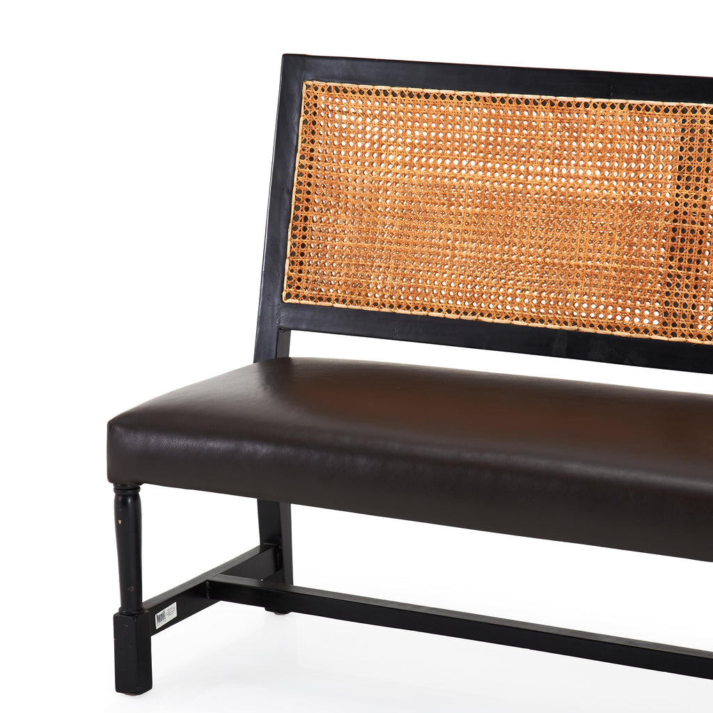 Contemporary Brown Leather Cane Back Bench