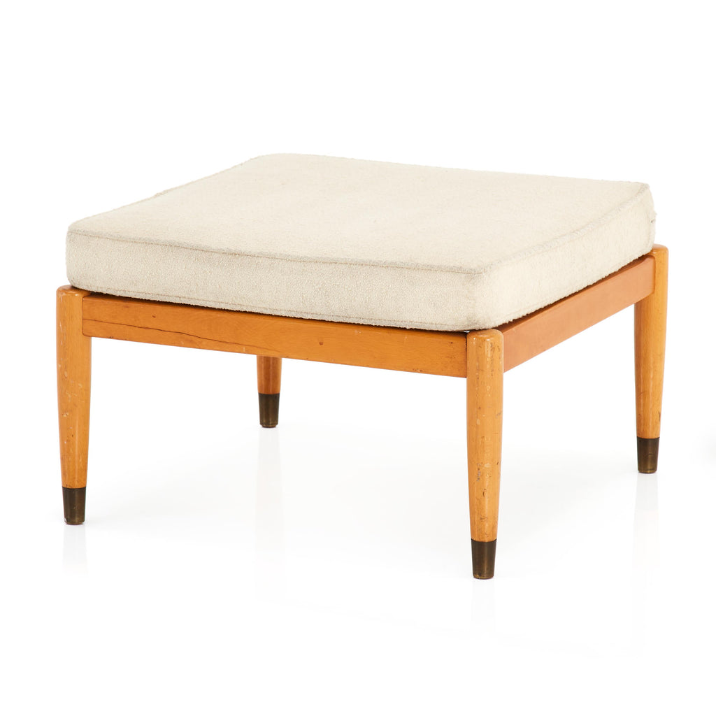 Mid-Century Cream Fabric and Wood Ottoman