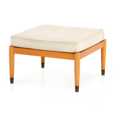 Mid-Century Cream Fabric and Wood Ottoman