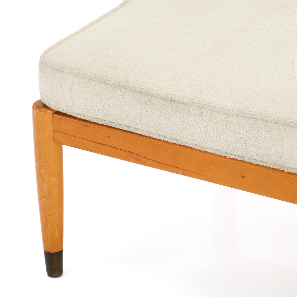 Mid-Century Cream Fabric and Wood Ottoman