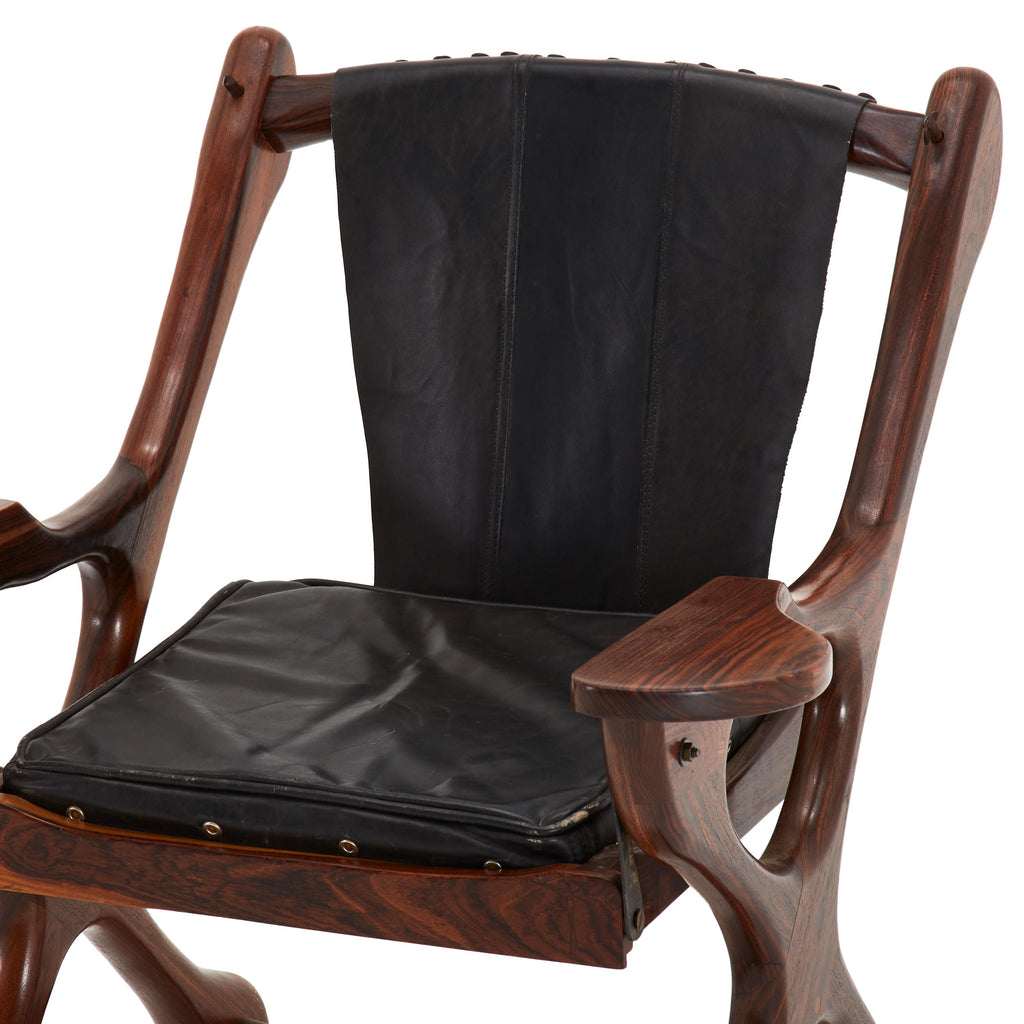 Antique Darkwood Chair With Black Leather Cushion