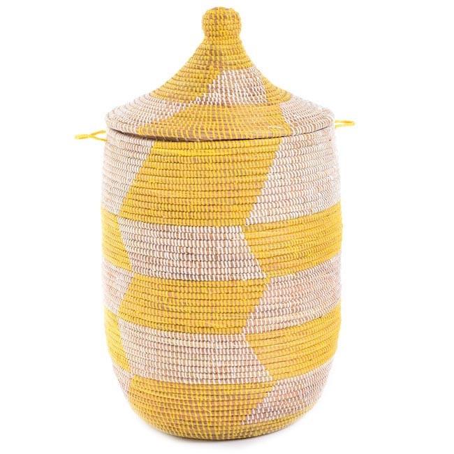Yellow & White Large Checked Woven Basket with Lid