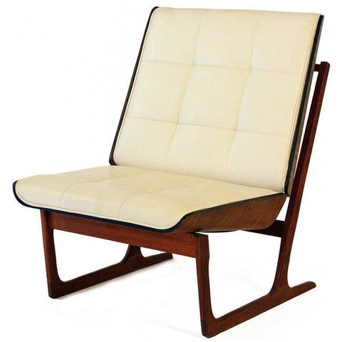 White Leather & Wood Mid Century Lounge Chair
