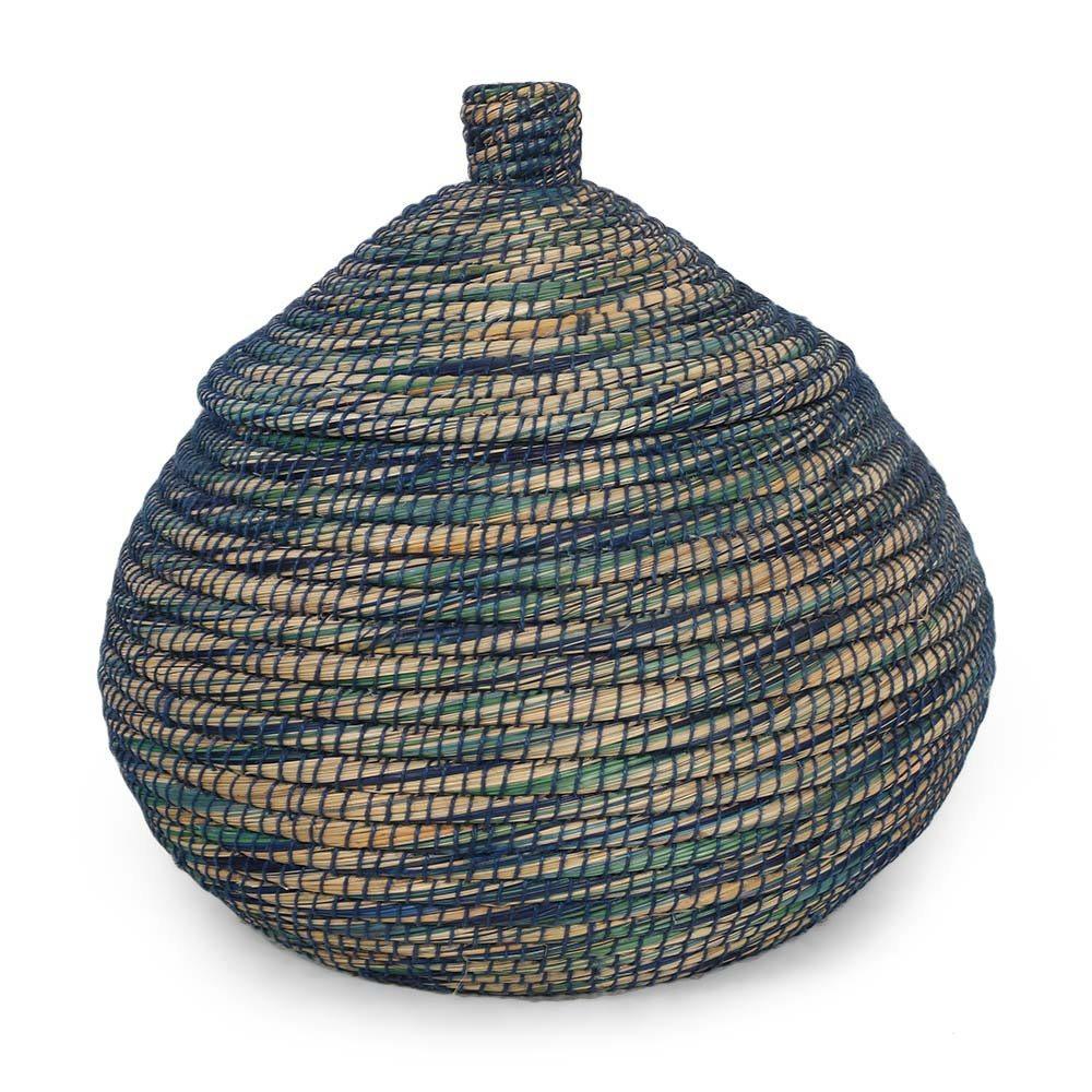 Blue Green Large Woven Basket w/ Lid (A+D)