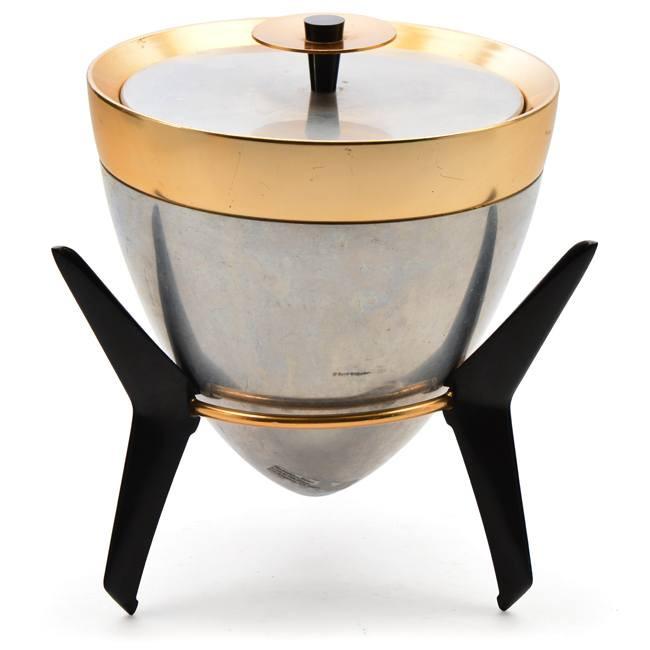 Silver + Brass Space Age Ice Bucket - w Lid and Stand