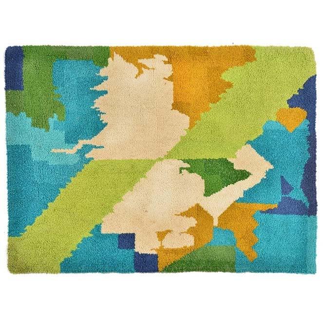 Small Blue Green Orange Abstract Vintage Rug