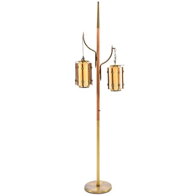 Wood and Brass Double Cream Pendant Floor Lamp