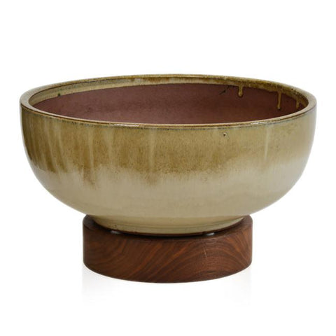 Brown and Tan Ceramic Bowl Planter with Wood Base