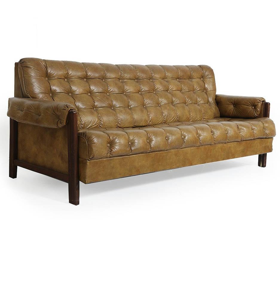 Olive Leather Tufted Vintage Sofa
