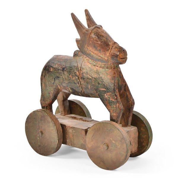 Wood Primitive Carved Mule with Wheels
