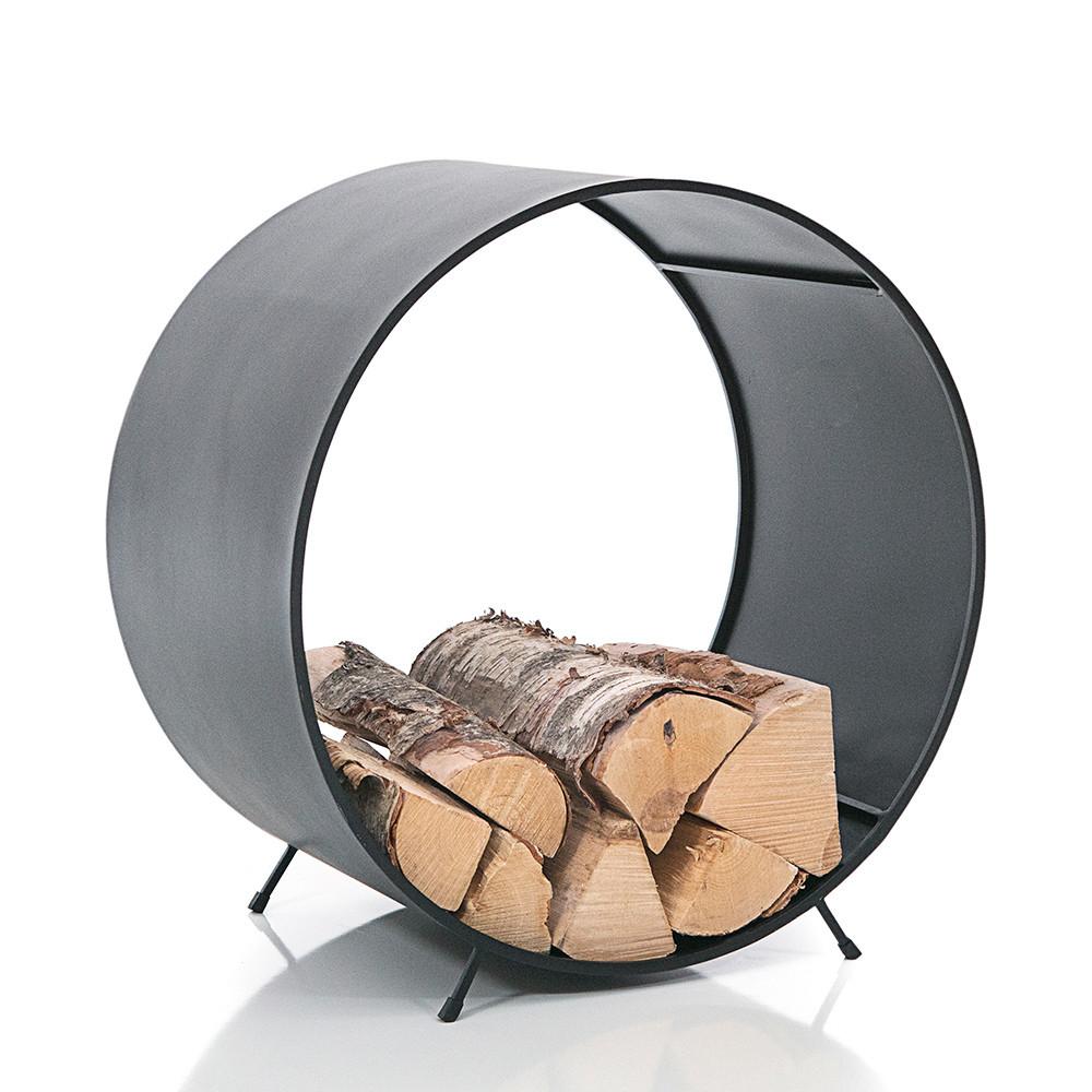 Black Circular Metal Firewood Holder with Logs