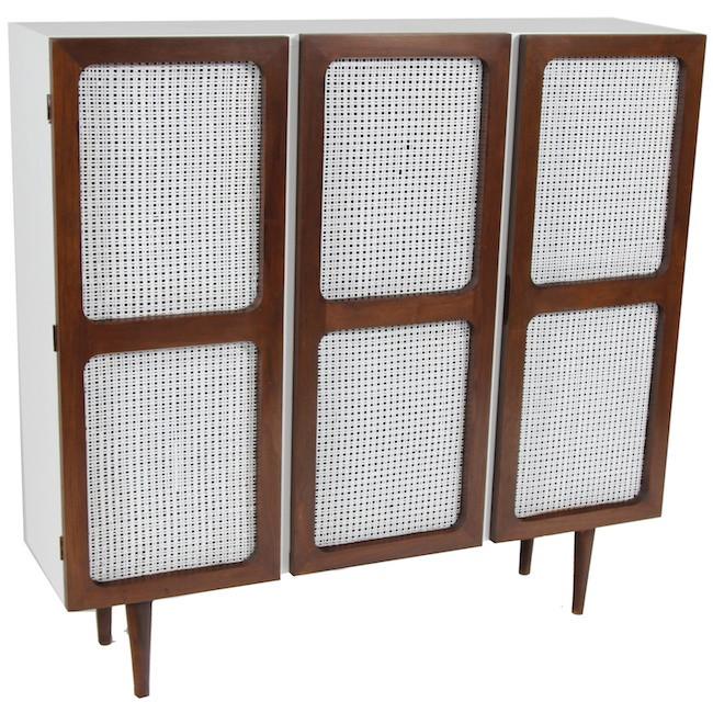 Wood Mid Century Cabinet with White Cane Doors
